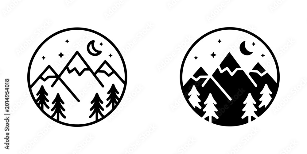 Obraz premium Minimalist Mountain Landscape Icons, Nature Scene Vector Graphics, Night Sky and Forest Elements, Outdoor Adventure Symbols