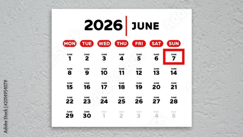 Bilde på lerret The date June 7th marked with a red cursor on a wall calendar 2026