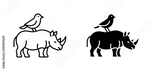 Quadro su tela Rhino and Bird Icon Set, Minimalist Wildlife Silhouette, Simple Animal Graphics,