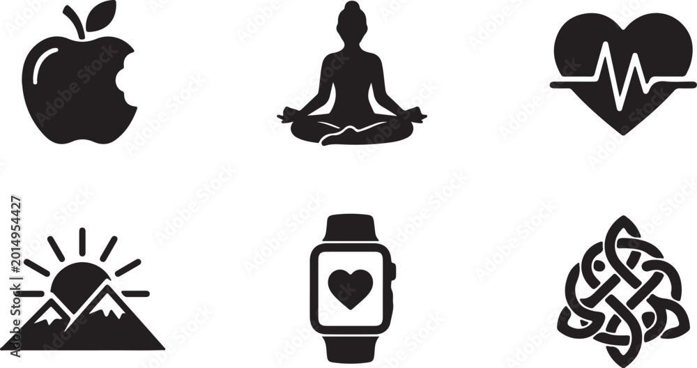 Fototapeta premium Black icons of apple, yoga, heart rate, sunrise, smartwatch and celtic knot