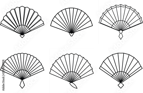 Handheld fan. Black silhouettes of chinese, japanese paper folding hand fans, traditional asian decoration and souvenir vector isolated set. Chinese fan black silhouette illustration, asian souvenir