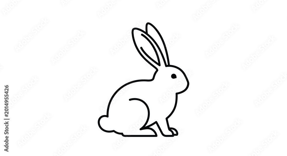 Fototapeta premium Simple black line art illustration of a rabbit silhouette sitting and facing right against a clean white background.