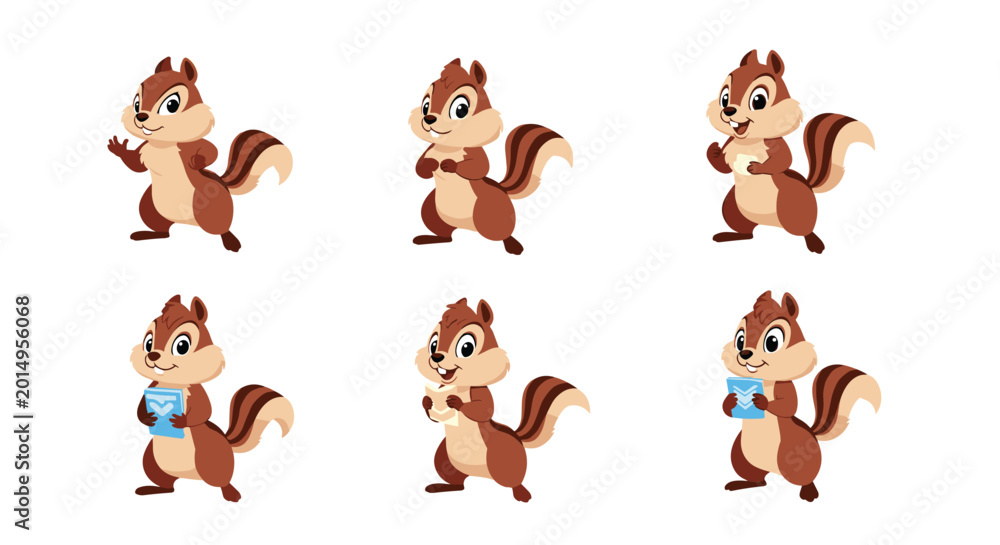 Fototapeta premium Collection of cute chipmunk characters in various poses including standing, thinking, holding a book, and reading a map.