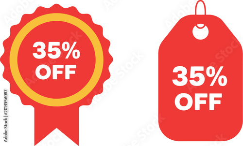 Fotografie Red 35 Percent Off Discount Badge and Sale Tag Vector Icons for Promotions and M