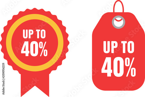 Red Discount Badge and Sale Tag with Up to 40 Percent Off for Promotions and Marketing