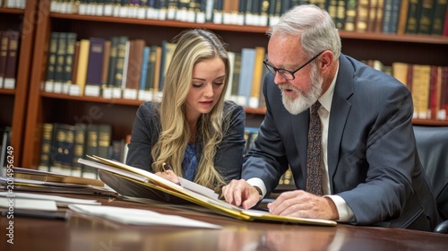An older man and a younger woman are intently reviewing legal documents together at a large wooden desk.
