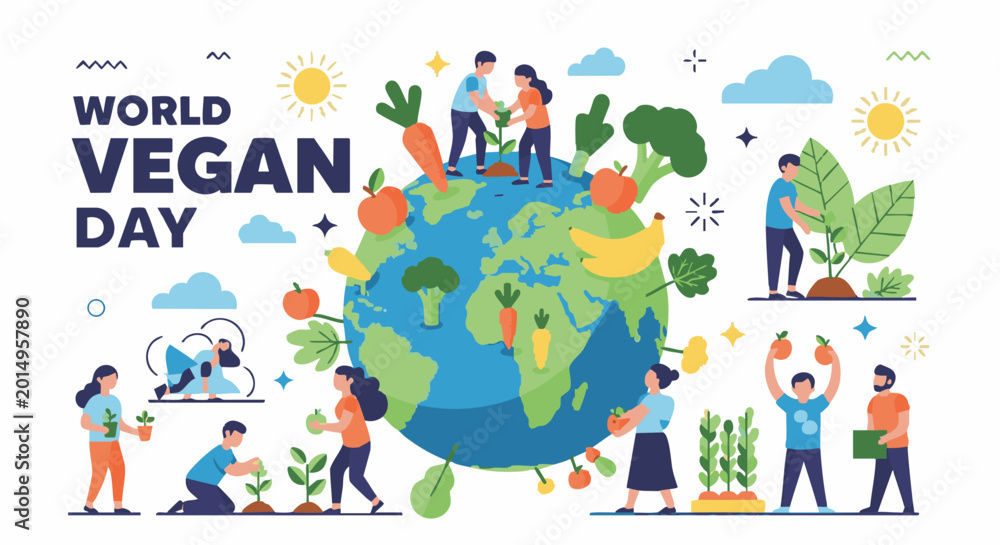 Naklejka premium Vegan people celebrating World Vegan Day with colorful earth illustration in vibrant playful lighting for social media