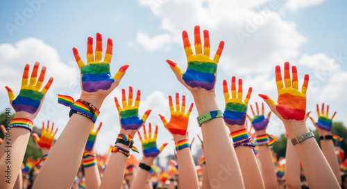 Many hands painted with rainbow colors are raised towards a blue sky with clouds, symbolizing pride, celebration, and inclusivity.