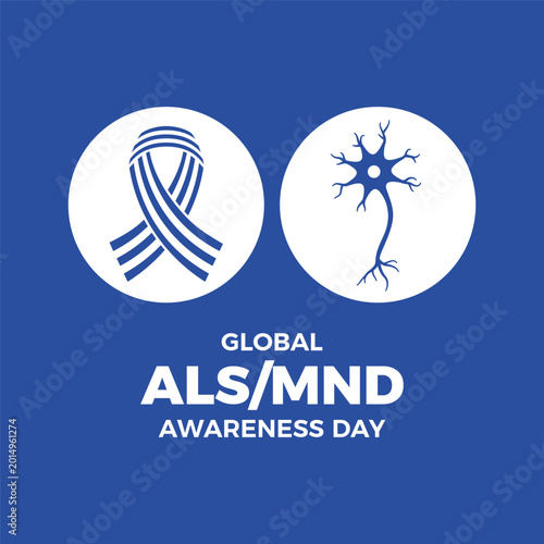 Global ALS/MND Awareness Day poster vector illustration. White and blue striped awareness ribbon and neuron icon set. Template for background, banner, card. June 21. Important day