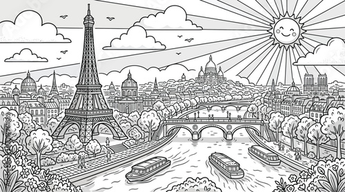 Quadro su tela Paris skyline drawing with eiffel tower seine river and smiling sun