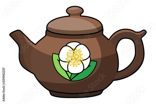 Brown teapot with white camellia flower and green leaf design. Traditional vessel for brewing flower teas. Camellia blossom herbal infusion concept for relaxation and wellness