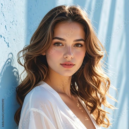 A young woman with long brown hair and a white shirt against a blue wall