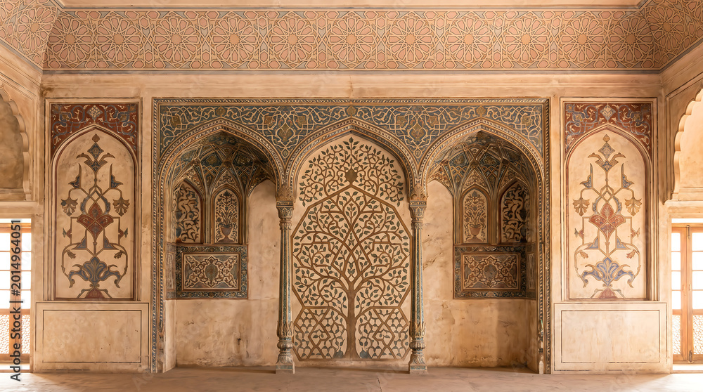 Obraz premium Intricate Mughal architecture interior with ornate jali latticework and floral motifs in warm natural light