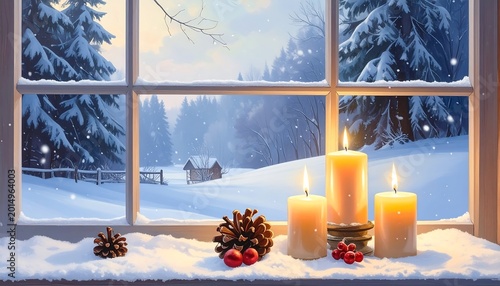 Snowy serene landscape seen through a window with candles