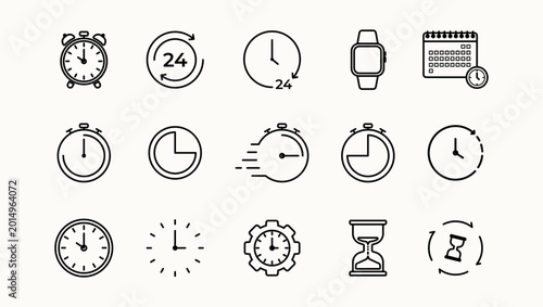 Vector icons of time and clock set. Time management. Timer, speed, alarm, restore, time Management and calendar. Collection of time, clock, watch, simple outline icons for web.
