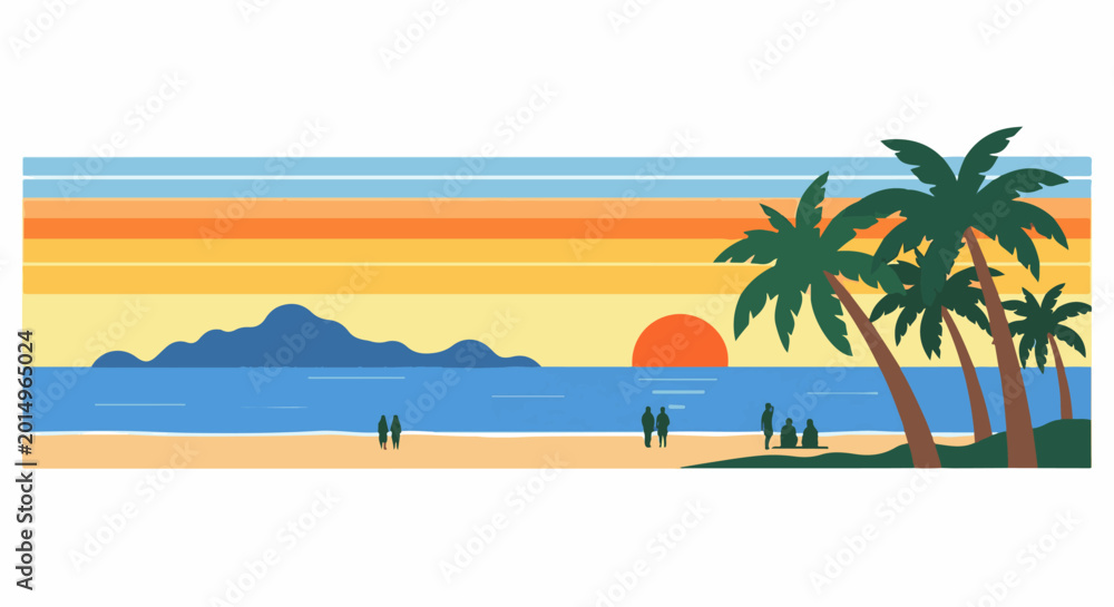 Obraz premium Sunset over a tropical beach with palm trees and distant islands