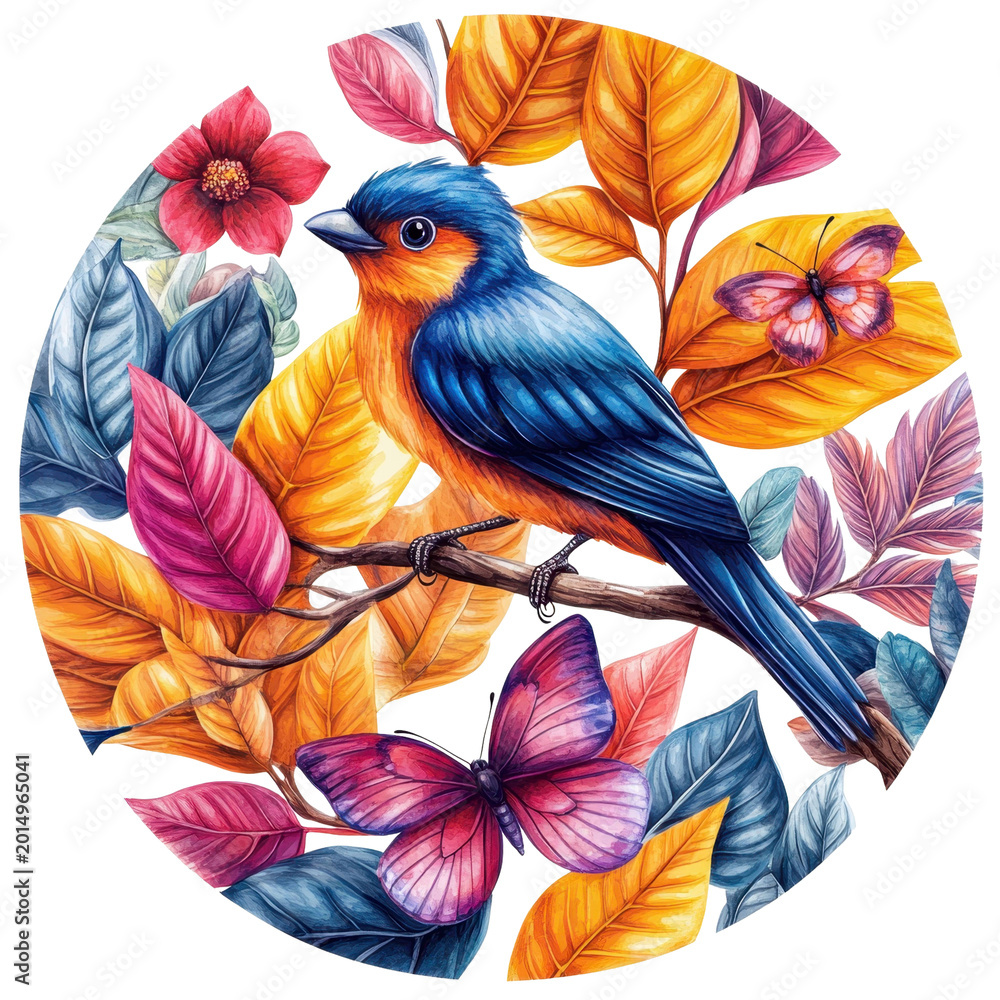 Fototapeta premium Colorful Tropical Bird with Butterflies and Foliage