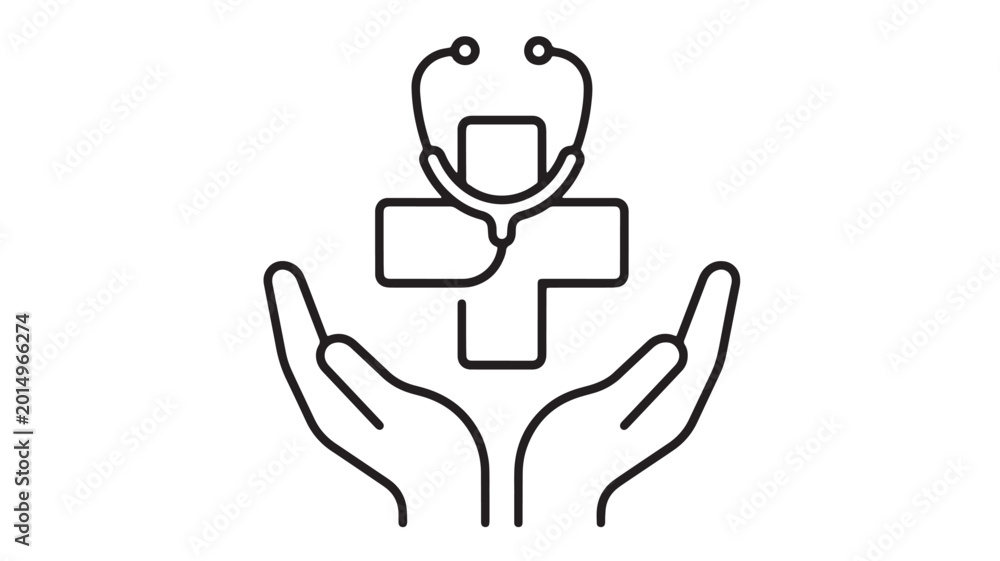 Obraz premium Doctor icon with open stethoscope hands holding medical shield symbol for healthcare insurance and professional care