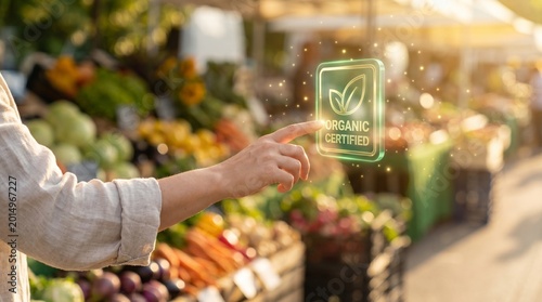 Hand Touching Glowing Organic Certified Icon At Farmers Market