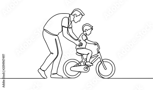 Foto Continuous line parenting bicycle lesson vector illustration father guiding son
