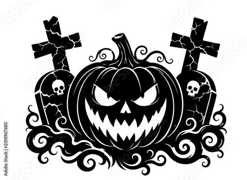 Foto Graveyard Pumpkin Halloween SVG File, Jack O Lantern Cemetery Vector Design