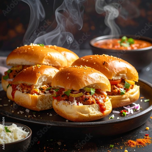 Steaming hot savory sandwiches on a plate with herbs