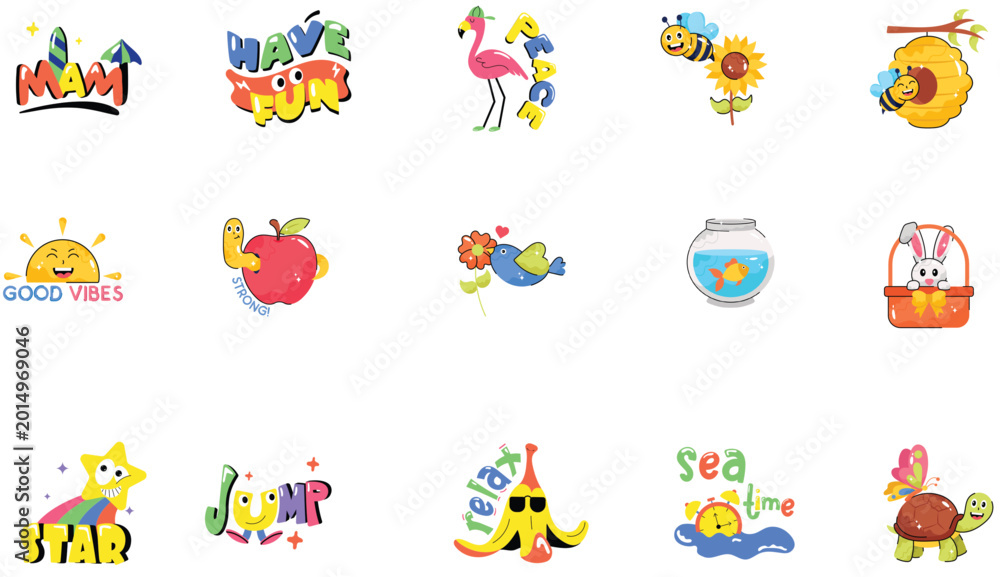 Fototapeta premium Summer icons, colorful stickers, kids illustrations, good vibes symbols, fun elements