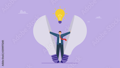 Businessman creative ideas and having great innovative idea reaching for success in business. New creative idea, innovation or solution for business concept.