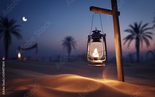 Desert scene with hanging lantern and palm trees at dusk middle east landscape traditional illuminated peaceful twilight atmosphere heritage weathered adventure exploration backdrop