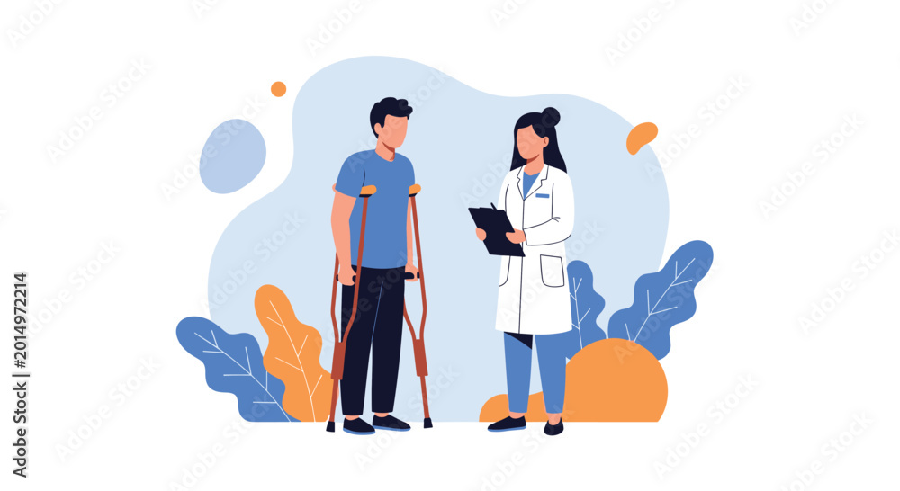 Fototapeta premium Female doctor in a white coat talking to a male patient using crutches while reviewing medical notes on a clipboard in a health clinic.