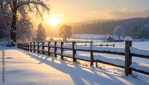 Serene winter landscape with snow-covered fence at sunrise