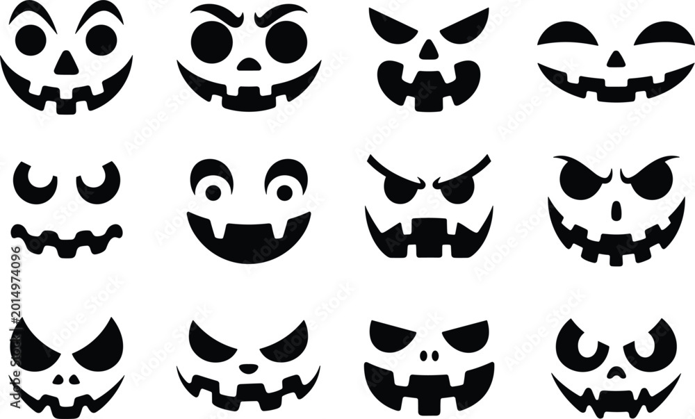 Fototapeta premium Halloween pumpkin faces set, spooky jack o lantern expressions, black vector illustration collection