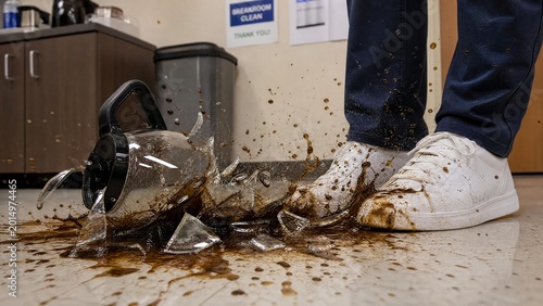 Shattered Coffee Pot Splashing Liquid and Glass Shards on White Sneakers in Office Breakroom