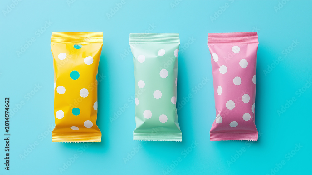 Fototapeta premium Three colorful snack bars in polka dot packaging on blue background flat lay mockup