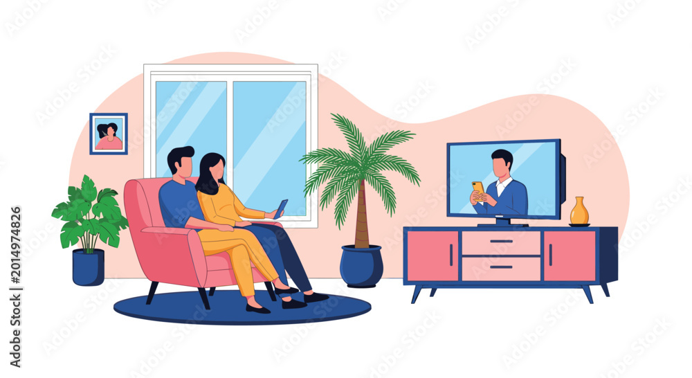 Obraz premium Young couple relaxing on a comfortable sofa and watching television in a modern living room with cozy interior design.