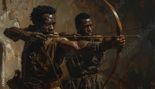 Two men in ancient attire aiming bows