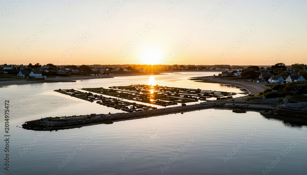 Fototapeta premium a tranquil sunset over a river with floating structures. The sun sets behind the horizon, illuminating the calm water and surrounding houses.