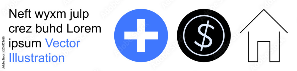 Fototapeta premium Healthcare, finance, homeownership, medical expenses, economic planning, healthcare costs. Blue cross, dollar icon and house outline. Healthcare and finance concepts for medical expenses and home