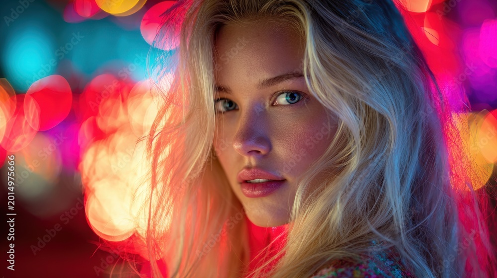 Naklejka premium Portrait of a young woman with blonde hair illuminated by vibrant colorful city lights creating a dreamy and captivating nighttime atmosphere