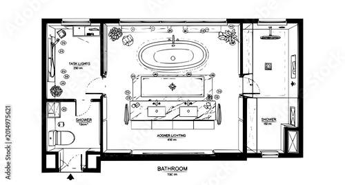 Modern bathroom floor plan with double sink and two showers