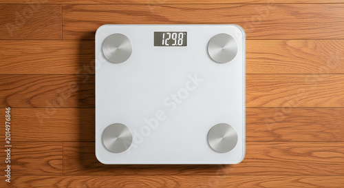 Digital bathroom scale on wooden floor
