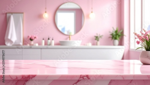 Elegant pink bathroom with marble counter, round mirror, pendant lights, and lush green plants