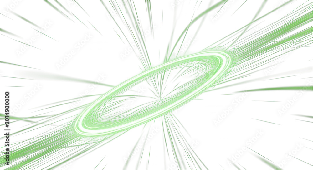 Fototapeta premium Abstract green energy vortex with radiating lines against a bright white expanse conceptualizing innovation and speed