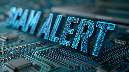 Close-up of a scam alert text displayed on a circuit board background with distressed digital font, cyber fraud warning concept, phishing awareness, internet crime visualization,