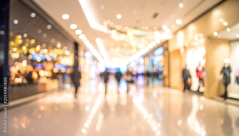 Obraz premium Blurred view of a bustling shopping mall with bright lights and reflections on shiny floors