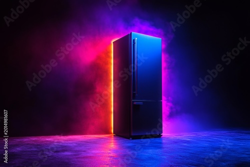 neon light on dark background. flashes of red, orange, and purple light. refrigerator on neon backdrop. bright haze and light around him. glowing object in style of neo realism. digital illustration