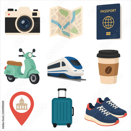Collection of Travel and Leisure Icons for Vacation Planning.