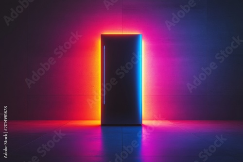 neon light on dark background. flashes of red, orange, and purple light. refrigerator on neon backdrop. bright haze and light around him. glowing object in style of neo realism. digital illustration