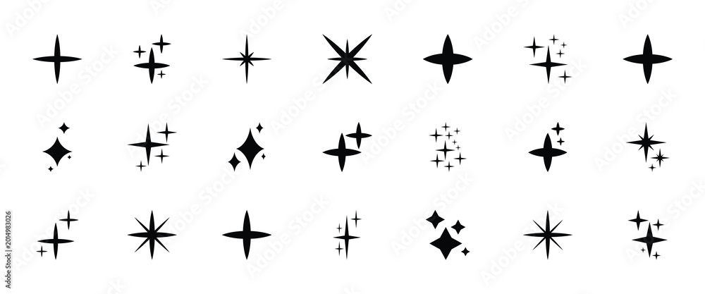 Obraz premium Sparkling black and white symbol vector set of original sparkling starter icons, a shiny shine, light effect stars, shiny flash, decoration twinkle, glowing light effect and bursts collection.