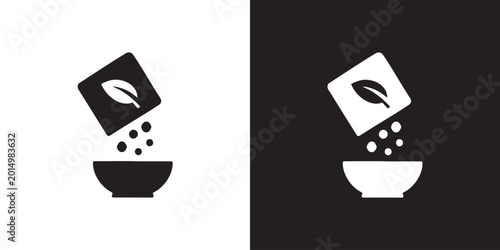 Granule Dispensing Icon – Leaf-Marked Container Pouring Particles into Bowl in Black and White